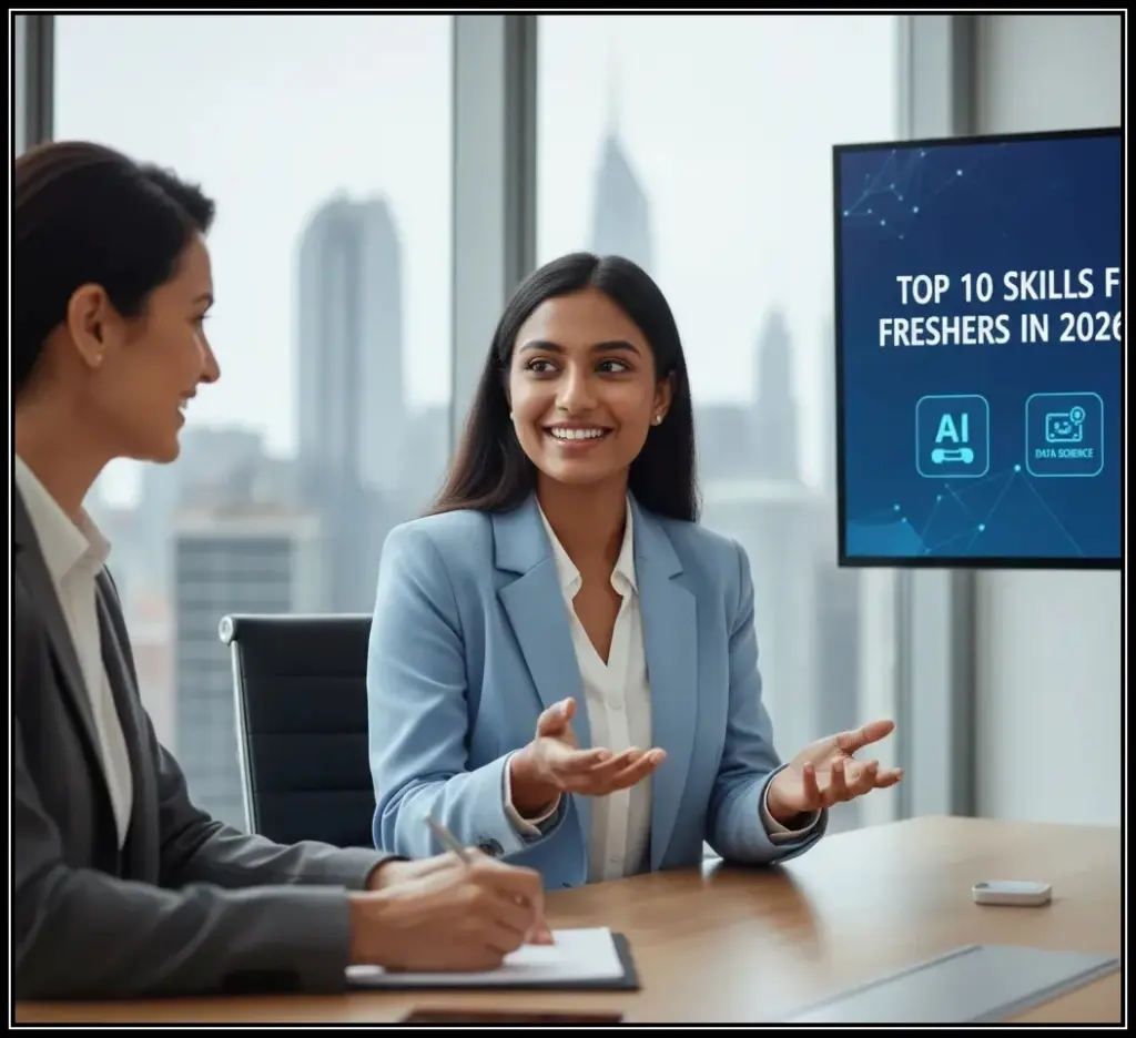 Confident job candidate answering HR interview questions for freshers