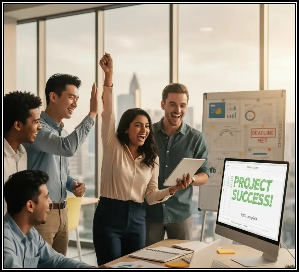 Fresher team successfully completing project - representing achievement in interview answer