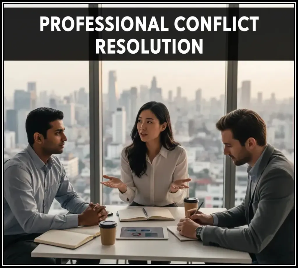 Professionals resolving workplace conflict through discussion - important skill for freshers