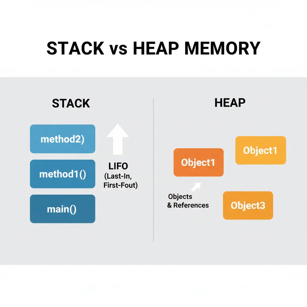 Stack vs Heap memory in Java - visual comparison for interview preparation