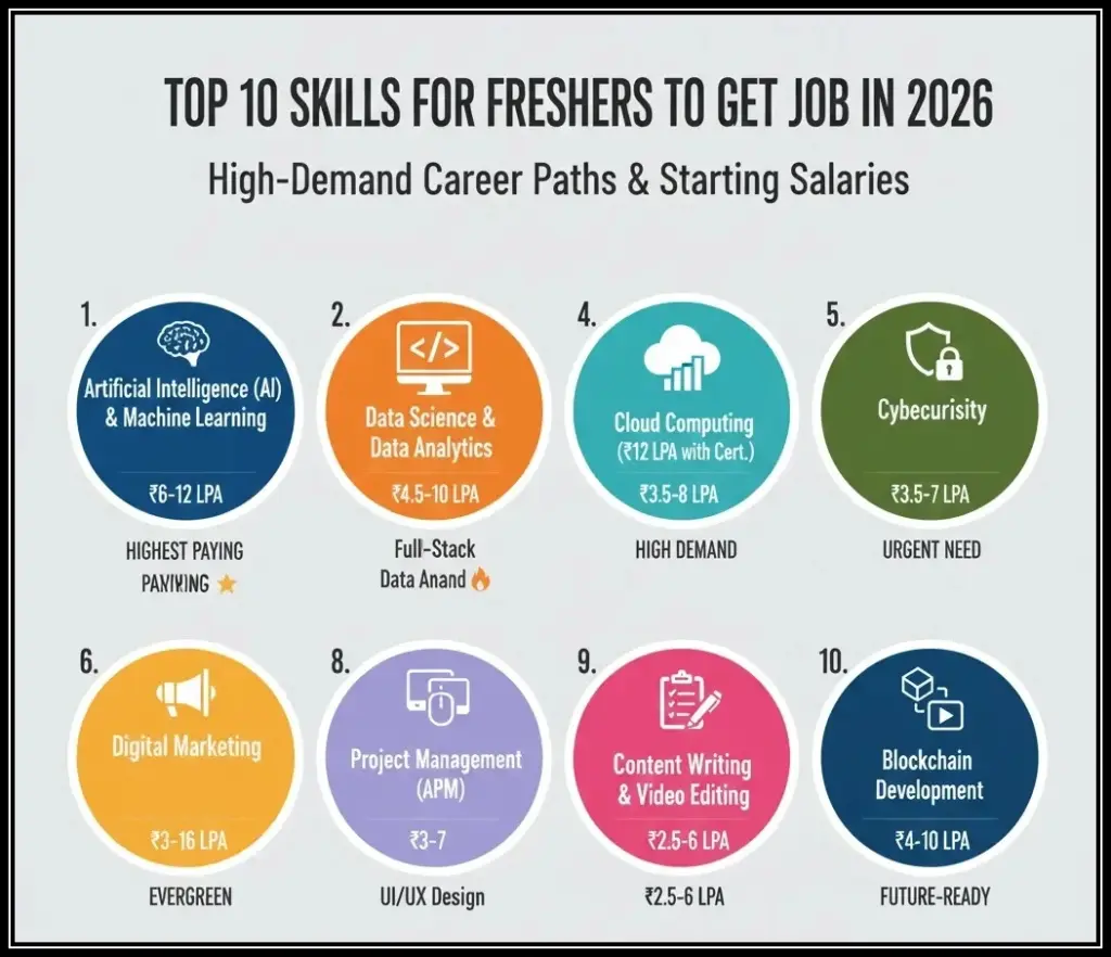 Best skills for freshers to get job in 2026 - top 10 high-demand skills with salary ranges infographic