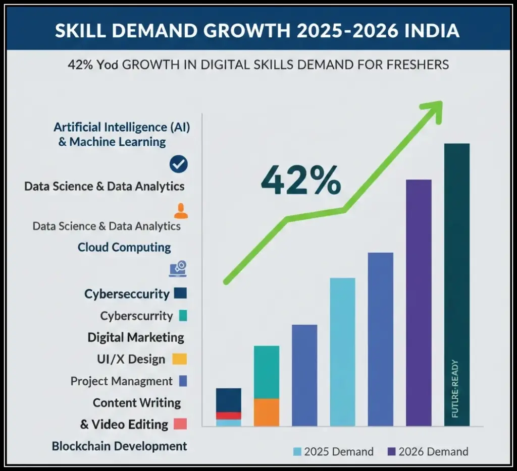 High-demand skills growth chart for freshers in India 2026 showing 42% increase