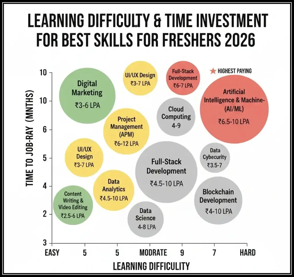 Best skills for freshers to get job - learning difficulty comparison chart with time to job-ready