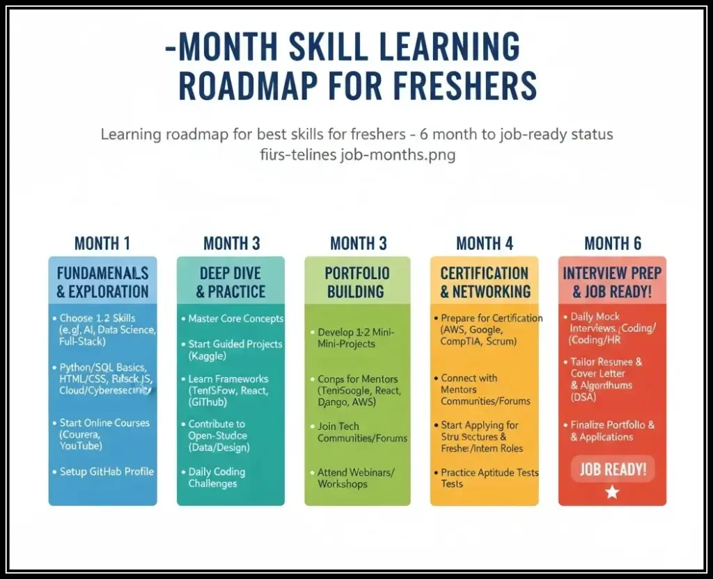 Learning roadmap for best skills for freshers - 6 month timeline to job-ready status