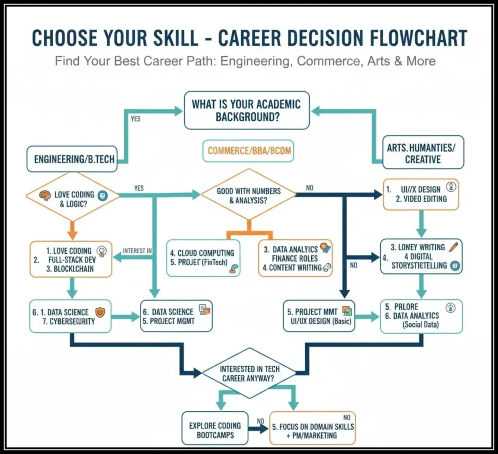 Career path decision flowchart - best skills for freshers by background engineering commerce arts